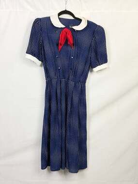 Vintage Jenny Dress Womens Size 10 Navy Blue Polka Dot Peter Pan Collar Midi